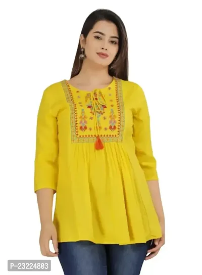 Shree Shyam Fashion Womens Rayon Embroidered Regular Fit Short Kurti Top (X-Large, Yellow)-thumb0