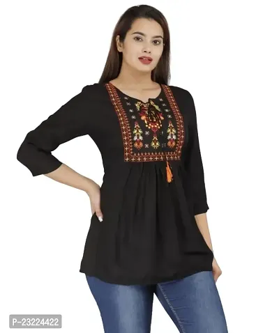 Shree Shyam Fashion Womens Rayon Embroidered Regular Fit Short Kurti Top (Large, Black)-thumb0