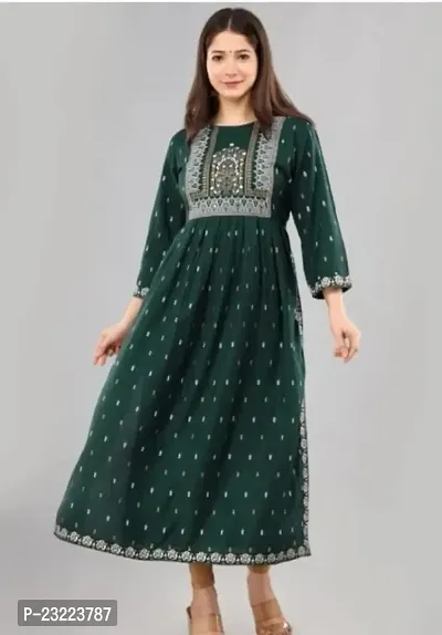 Shree Shyam Fashion Nayra Cut Kurti Women and Girl's Rayon Printed Single Fesival Nayra Cut Kurti | Attractive Trending Design Side Cut Summer Special Kurti Green-thumb4