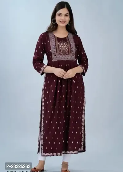 Shree Shyam Fashion Nayra Cut Kurti Women and Girl's Rayon Printed Single Fesival Nayra Cut Kurti | Attractive Trending Design Side Cut Summer Special Kurti Maroon-thumb2