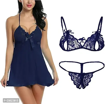 Stylish Polyester Solid Babydoll for Women With Lingerie Set