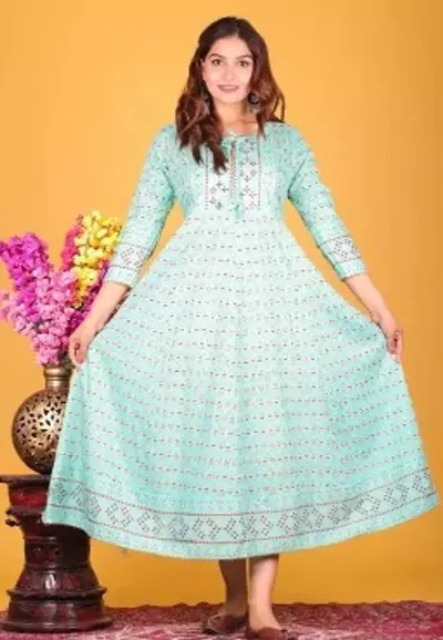 Trendy Turquoise Rayon Printed Anarkali Kurti