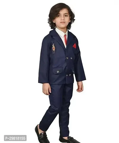 Fabulous Navy Blue Cotton Blend Solid Shirt Coat With Trouser 3 Piece Set For Boys