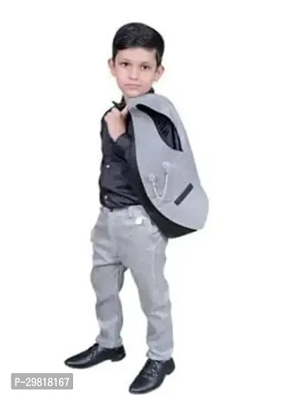 Fabulous Grey Cotton Blend Solid Shirt Coat With Trouser 3 Piece Set For Boys-thumb0