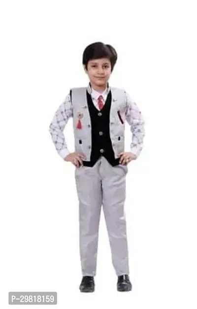 Fabulous Grey Cotton Blend Printed Shirt Coat With Trouser 3 Piece Set For Boys-thumb0