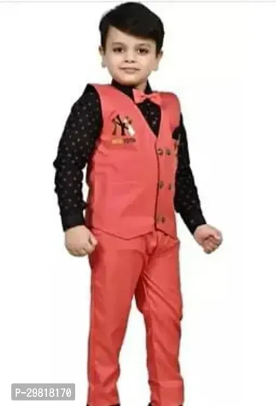 Fabulous Red Cotton Blend Solid Shirt Coat With Trouser 3 Piece Set For Boys-thumb0