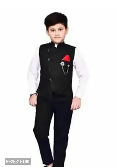 Fabulous Black Cotton Blend Solid Shirt Coat With Trouser 3 Piece Set For Boys-thumb0