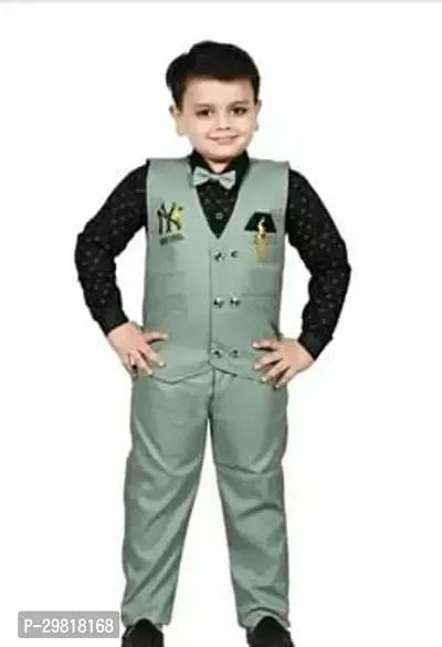 Fabulous Grey Cotton Blend Solid Shirt Coat With Trouser 3 Piece Set For Boys-thumb0