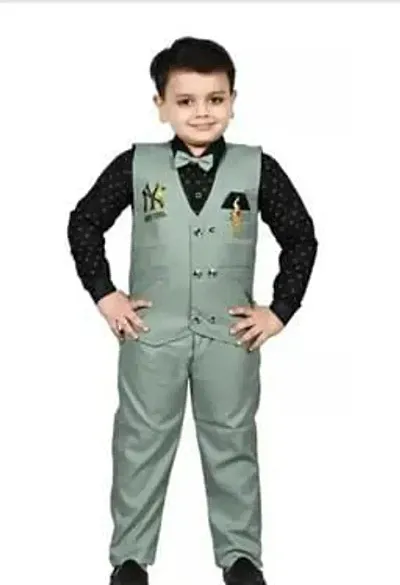 Fabulous Blend Solid Shirt Coat With Trouser 3 Piece Set For Boys