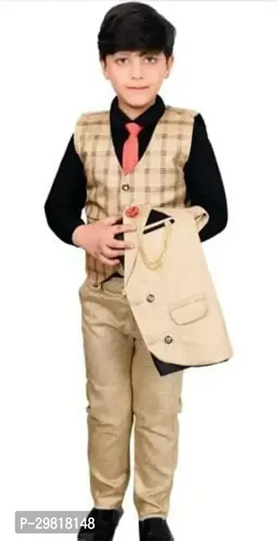 Fabulous Beige Cotton Blend Solid Shirt Coat With Trouser 3 Piece Set For Boys-thumb0