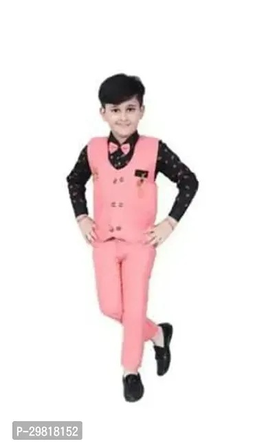 Fabulous Pink Cotton Blend Solid Shirt Coat With Trouser 3 Piece Set For Boys-thumb0