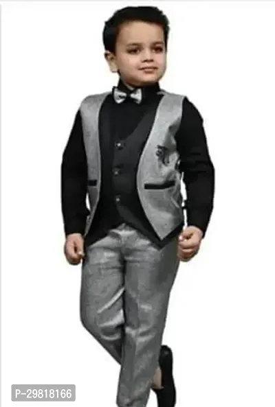 Fabulous Grey Cotton Blend Solid Shirt Coat With Trouser 3 Piece Set For Boys-thumb0