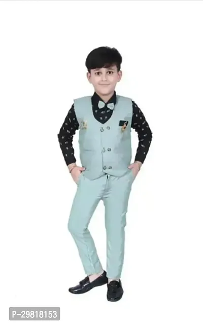 Fabulous Turquoise Cotton Blend Solid Shirt Coat With Trouser 3 Piece Set For Boys-thumb0