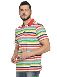 Trendy Multicoloured Cotton Blend Striped Polo T-Shirt For Men-thumb2