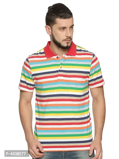 Trendy Multicoloured Cotton Blend Striped Polo T-Shirt For Men