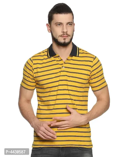 Trendy Yellow Cotton Blend Striped Polo T-Shirt For Men