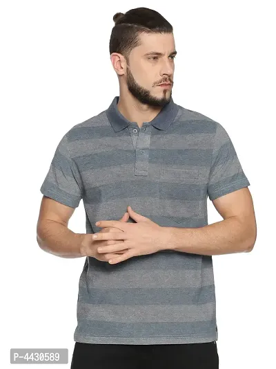 Trendy Blue Cotton Blend Striped Polo T-Shirt For Men
