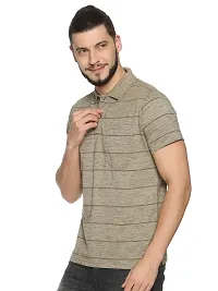 Trendy Khaki Cotton Blend Striped Polo T-Shirt For Men-thumb2