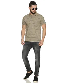 Trendy Khaki Cotton Blend Striped Polo T-Shirt For Men-thumb3