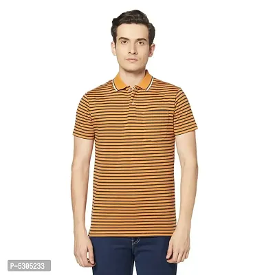 Cotton Blend Regular Fit Polo Neck Casual Half Sleeve Striped T-Shirts with Pocket