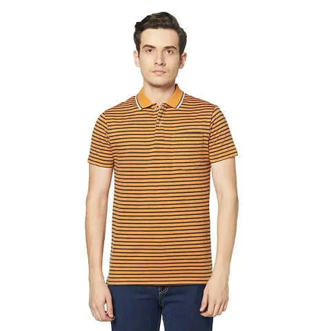 Blend Regular Fit Polo Neck Casual Half Sleeve Striped T-Shirts with Pocket