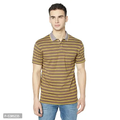 Cotton Blend Regular Fit Polo Neck Casual Half Sleeve Striped T-Shirts with Pocket