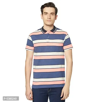 Cotton Blend Regular Fit Polo Neck Casual Half Sleeve Striped T-Shirts with Pocket