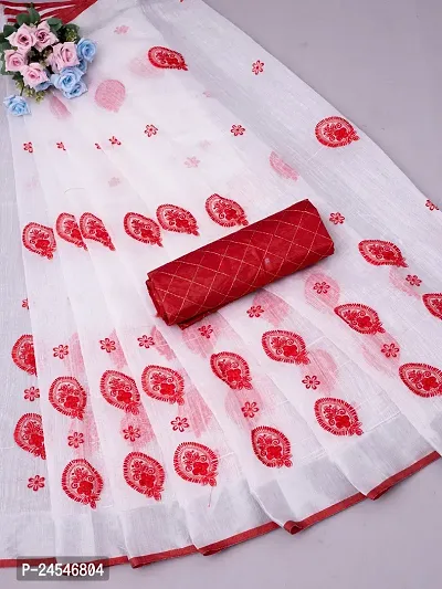 Stylish Cotton Linen Embroidered Women Saree with Blouse piece