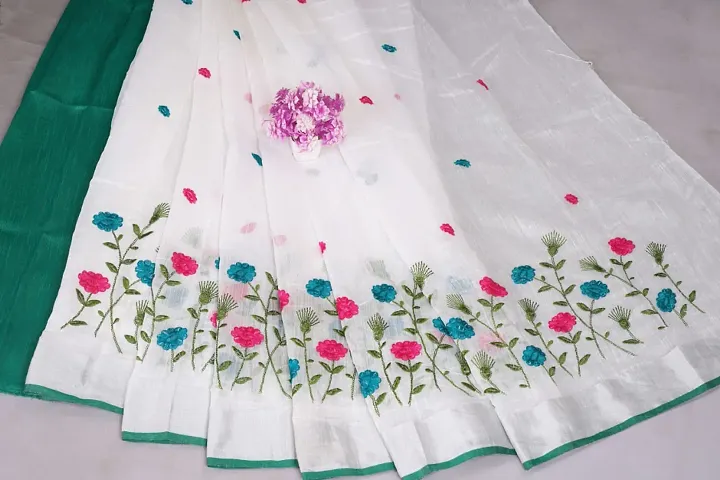 Stylish Linen Embroidered Women Saree with Blouse piece