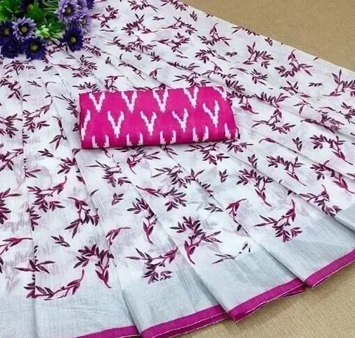 Beautiful Linen Printed Sarees With Blouse Piece