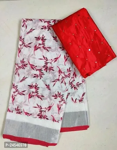 Stylish Cotton Linen Printed Women Saree with Blouse piece-thumb0