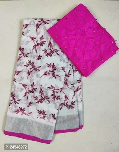 Stylish Cotton Linen Printed Women Saree with Blouse piece-thumb0