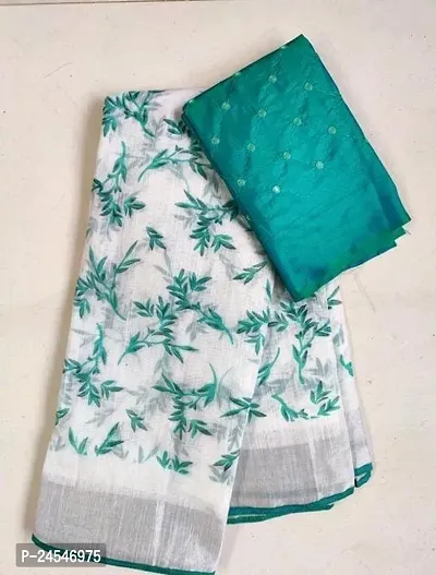 Stylish Cotton Linen Printed Women Saree with Blouse piece-thumb0