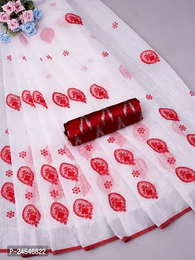 Stylish Cotton Linen Embroidered Women Saree with Blouse piece-thumb0