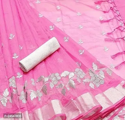 Stylish Cotton Linen Embellished Women Saree with Blouse piece