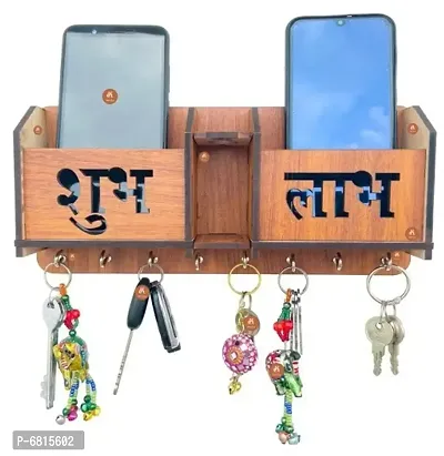 Shubh-Labh Wooden Key Holder for Home and Office Decor, Key Stand for Keys, Key Holder with Mobile Stand and Storage Box
