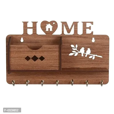 Home Design Brown Wooden Side Shelf Key Holder (Brown, 7 Hooks)..