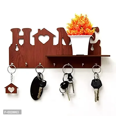 Home Design Brown Wooden Side Shelf Key Holder (Brown, 7 Hooks)..