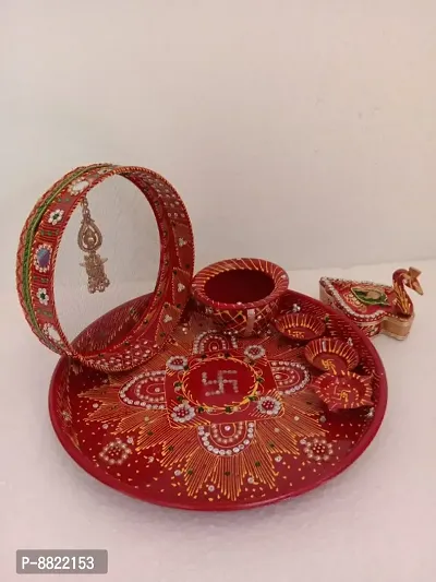 Paju ki Thali Karwa Chauth Thali Gato Hand Work Red Colour Heavy Mirror And Gota Stone Chalni and Kumkum Tika Stand Set Of 7 Pic Size  13*13-thumb0