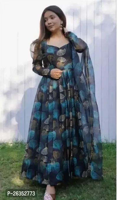Women Stylish Georgette Printed Gown and Dupatta-thumb0