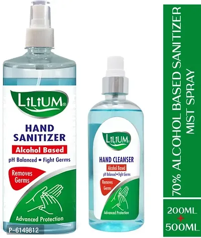 LILIUM 70% Alcohol Based Hand Cleanser (Sanitizer) Liquid Spray 500 ml and 200 ml Sanitizer Spray Bottle (2 x 350 ml)-thumb0