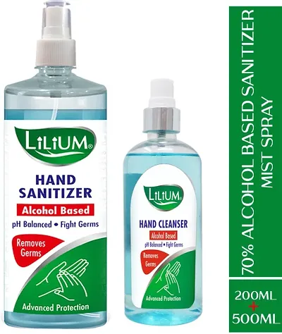 LILIUM 70% Alcohol Based Hand Cleanser (Sanitizer) Liquid Spray 500 ml and 200 ml Sanitizer Spray Bottle (2 x 350 ml)