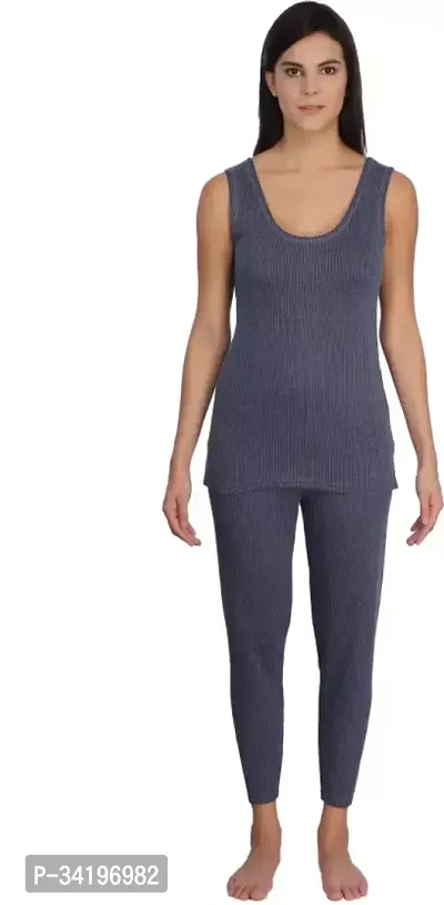 Stylish Grey Cotton Blend Solid Thermal Set For Women-thumb0