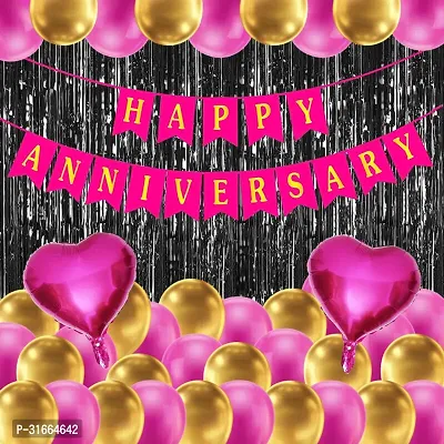 Solid Happy Anniversary Decoration Combo Banner With Curtain And Latex Balloon Multicolor, Pack Of 35