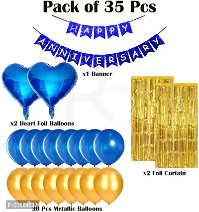 Solid Blue And Golden Theme Happy Anniversary Decoration Balloon Multicolor, Pack Of 35-thumb2