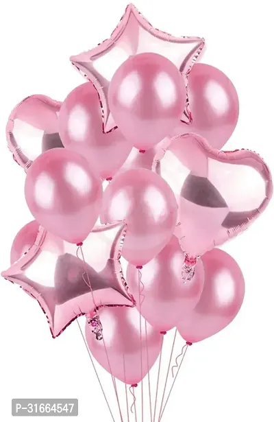 Solid Pink Birthday 2 Star,2 Heart Foil,10 Latex Balloon Pink, Pack Of 14