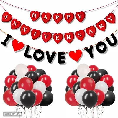 Solid Happy Anniversary Decoration Items Kit With Red, Black, White Latex Balloon Multicolor, Pack Of 34