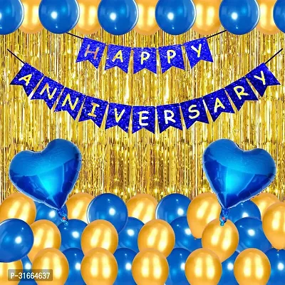 Solid Blue And Golden Theme Happy Anniversary Decoration Balloon Multicolor, Pack Of 35-thumb0