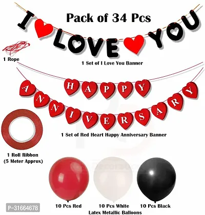 Solid Happy Anniversary Decoration Items Kit With Red, Black, White Latex Balloon Multicolor, Pack Of 34-thumb2