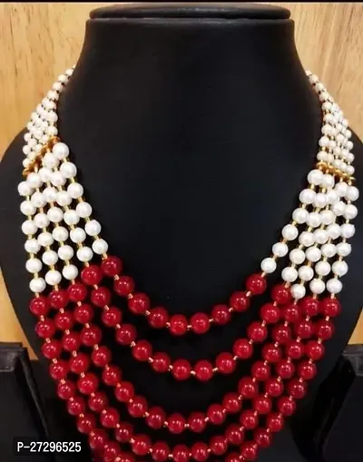 Stylish Red and White Pearl Layered Necklace For Women-thumb0